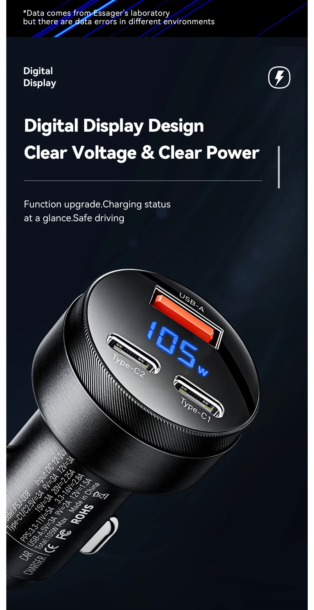 105W Fast Car Charger – 3-Port USB-C QC4.0 QC3.0 Quick Charge for iPhone & Android