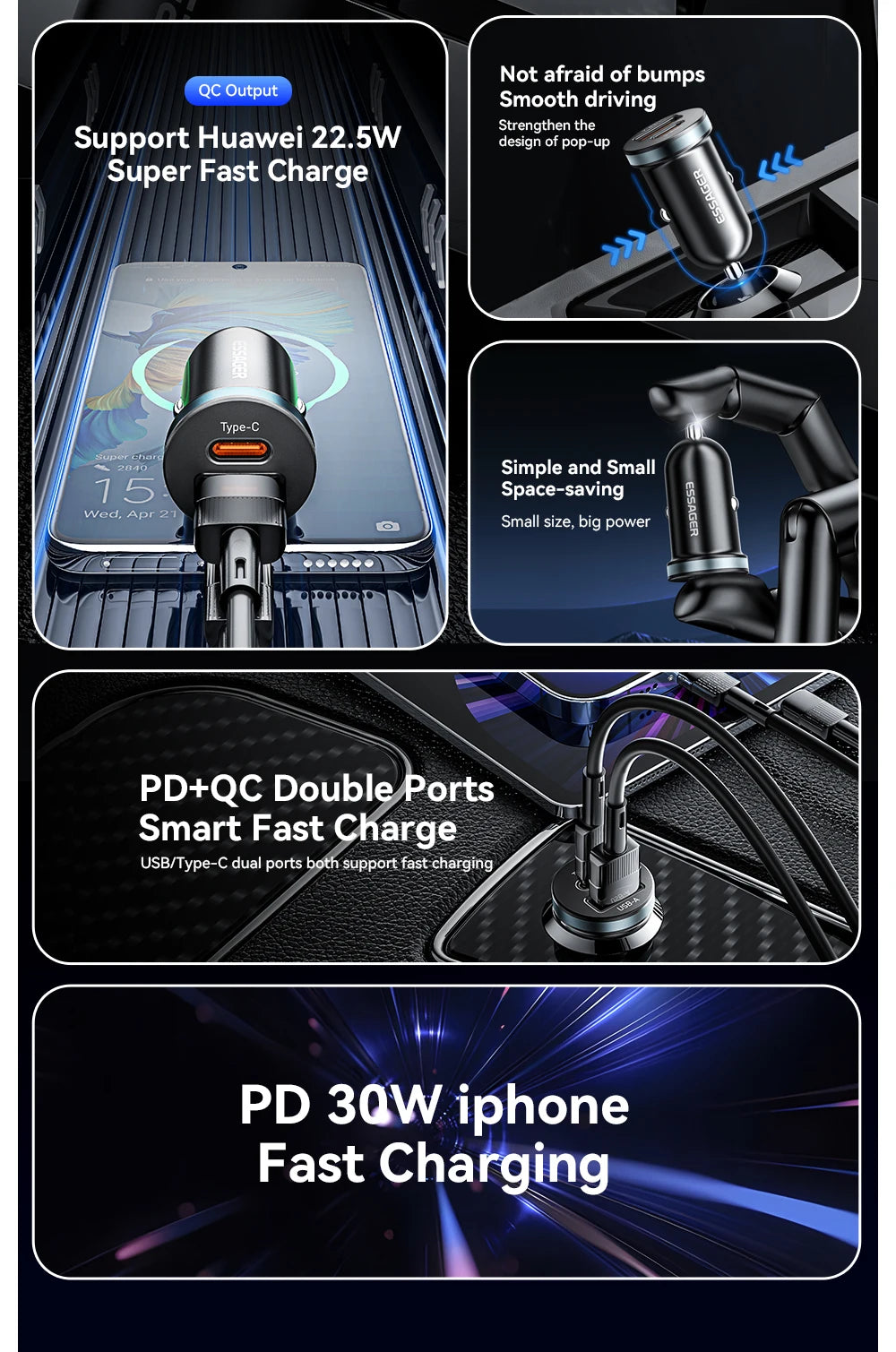 30W Dual Port Car Charger - Fast Charging USB-C & USB-A for iPhone & Android