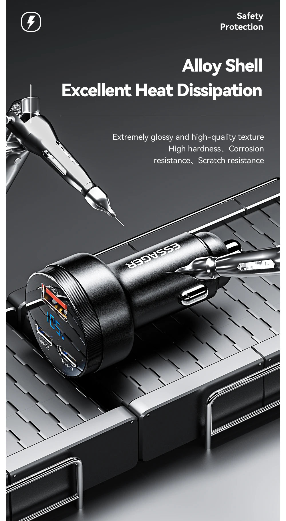 105W Fast Car Charger – 3-Port USB-C QC4.0 QC3.0 Quick Charge for iPhone & Android