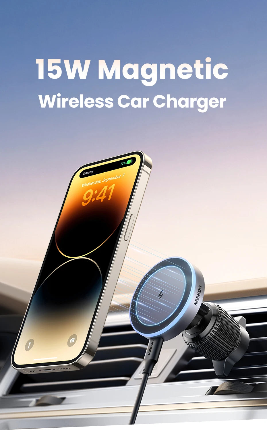 Qi2 15W Magnetic Wireless Car Charger with LED - Premium MagSafe Mount for iPhone 16/15