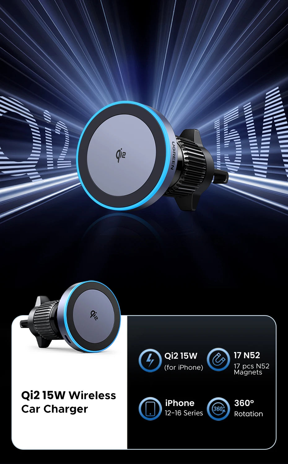 Qi2 Magnetic Wireless Car Charger – 25W Fast Charging MagSafe Mount for iPhone 16, 15, 14