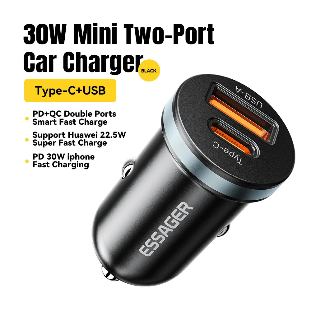 30W Dual Port Car Charger - Fast Charging USB-C & USB-A for iPhone & Android