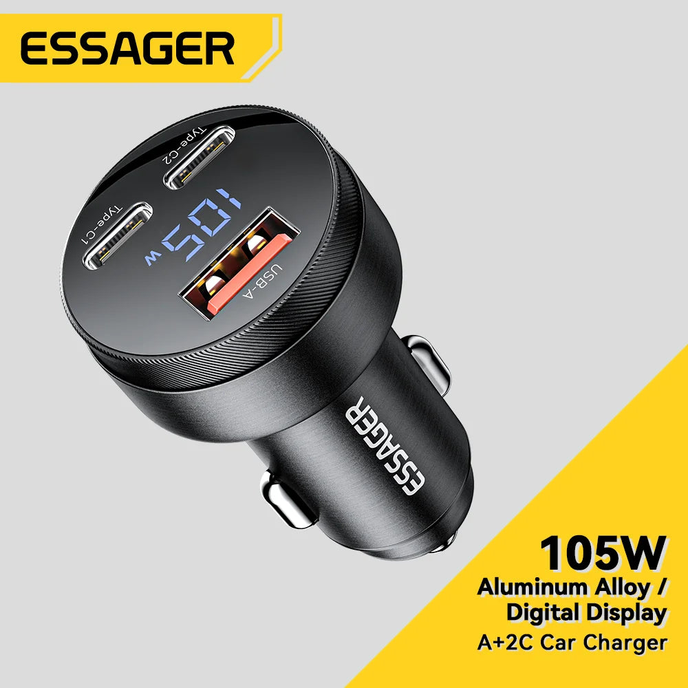 105W Fast Car Charger – 3-Port USB-C QC4.0 QC3.0 Quick Charge for iPhone & Android