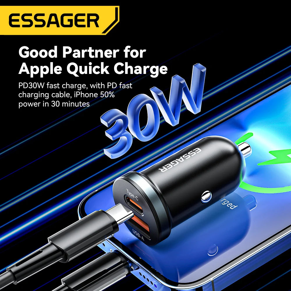 30W Dual Port Car Charger - Fast Charging USB-C & USB-A for iPhone & Android