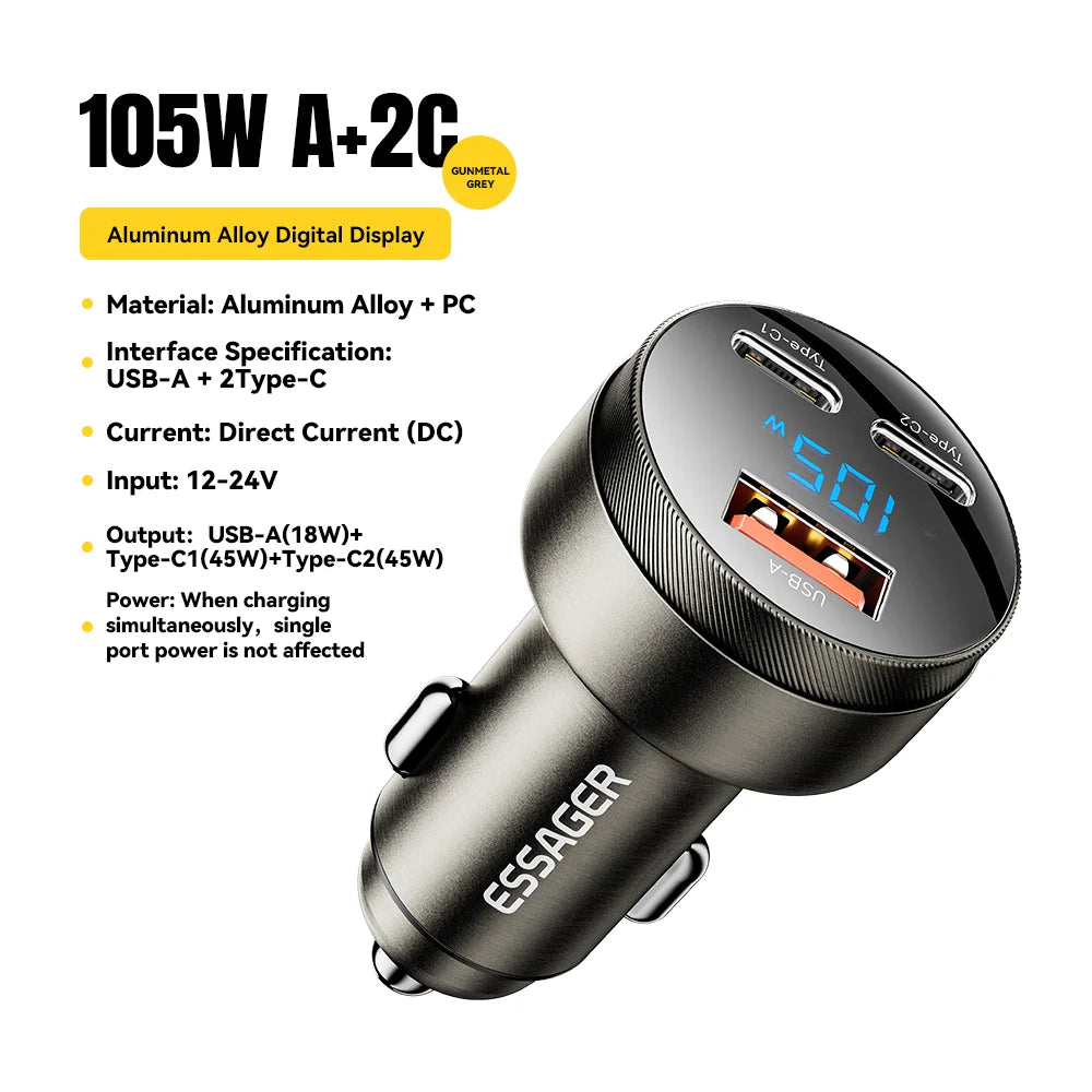 105W Fast Car Charger – 3-Port USB-C QC4.0 QC3.0 Quick Charge for iPhone & Android