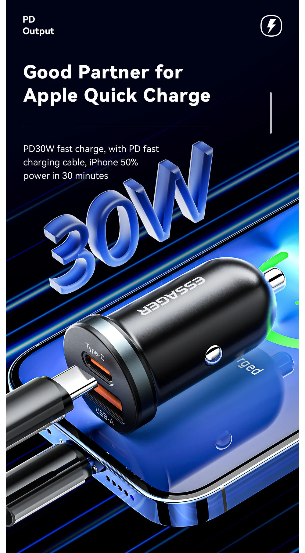 30W Dual Port Car Charger - Fast Charging USB-C & USB-A for iPhone & Android