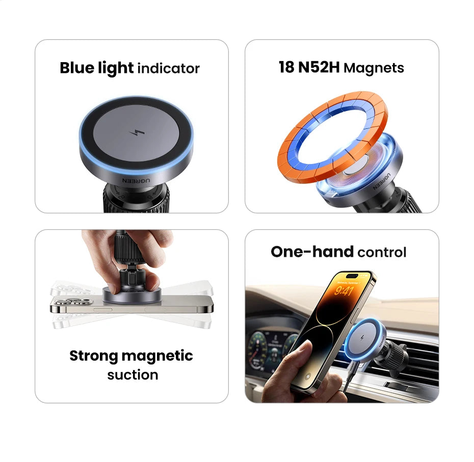 Qi2 15W Magnetic Wireless Car Charger with LED - Premium MagSafe Mount for iPhone 16/15