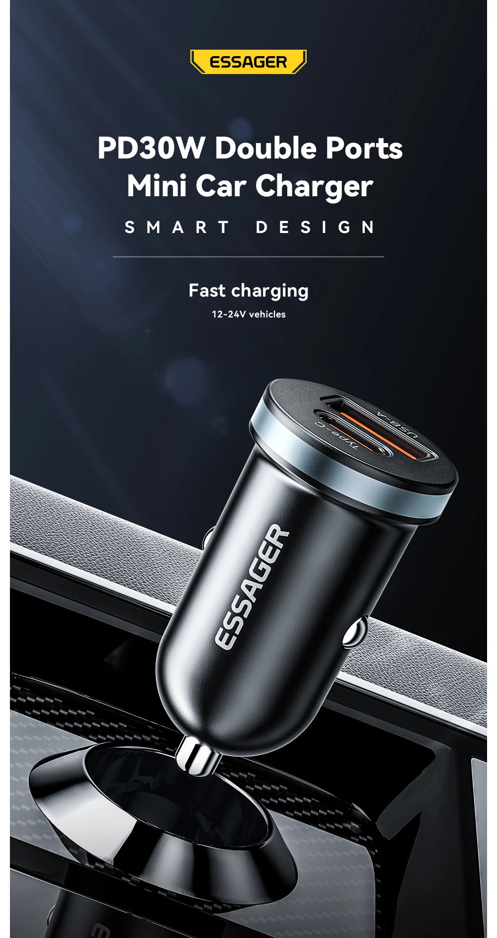 30W Dual Port Car Charger - Fast Charging USB-C & USB-A for iPhone & Android