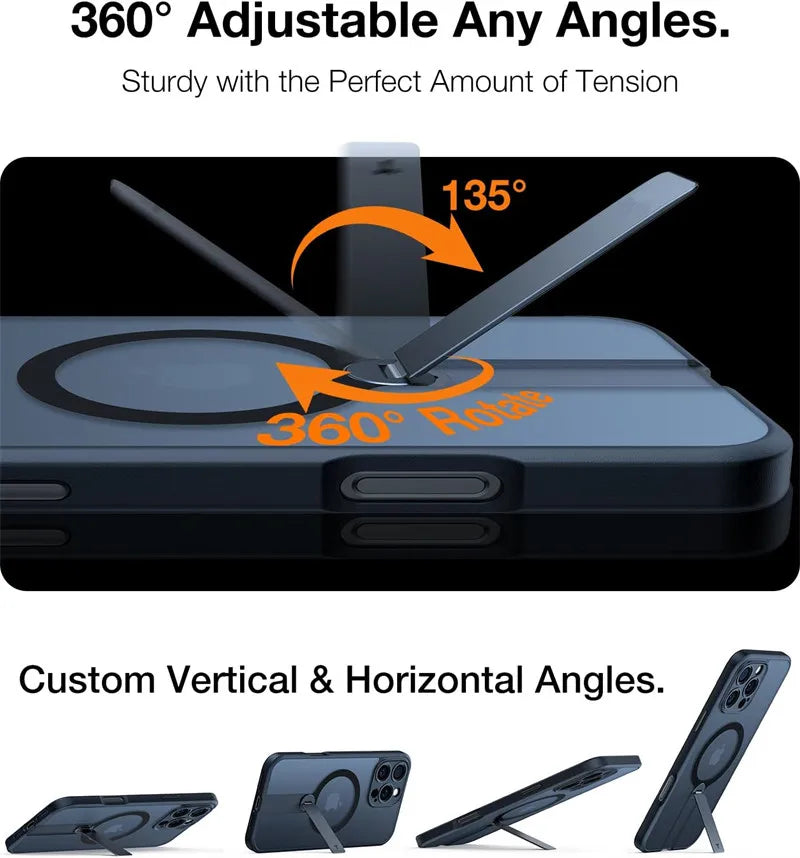 360° Magnetic Phone Case with Hidden Stand – MagSafe Compatible for iPhone 16/15/14/13/12