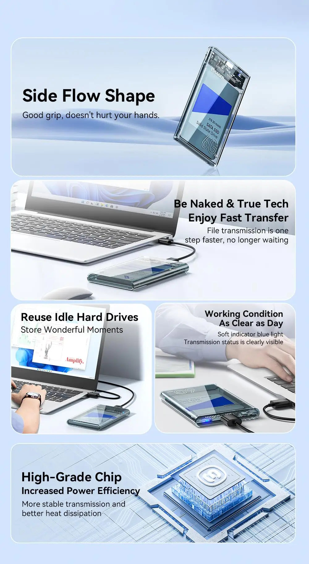 2.5" USB 3.0 External Hard Drive Enclosure - Tool-Free SATA SSD/HDD Case up to 6TB