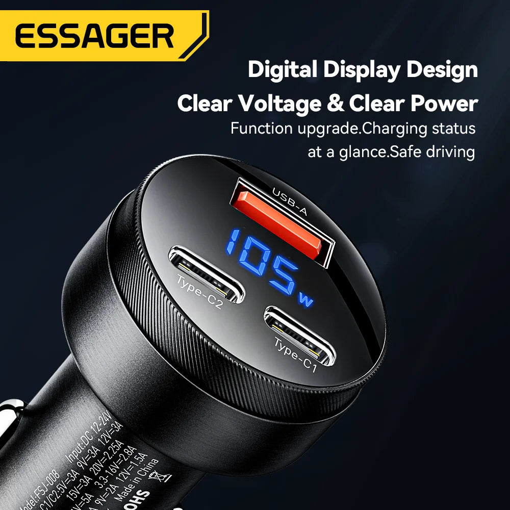 105W Fast Car Charger – 3-Port USB-C QC4.0 QC3.0 Quick Charge for iPhone & Android