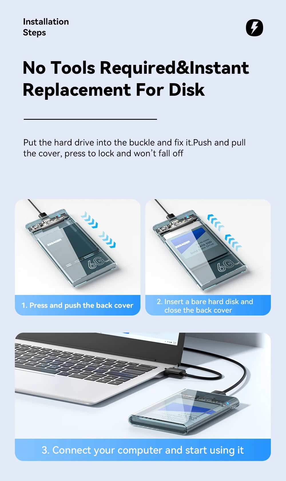 2.5" USB 3.0 External Hard Drive Enclosure - Tool-Free SATA SSD/HDD Case up to 6TB