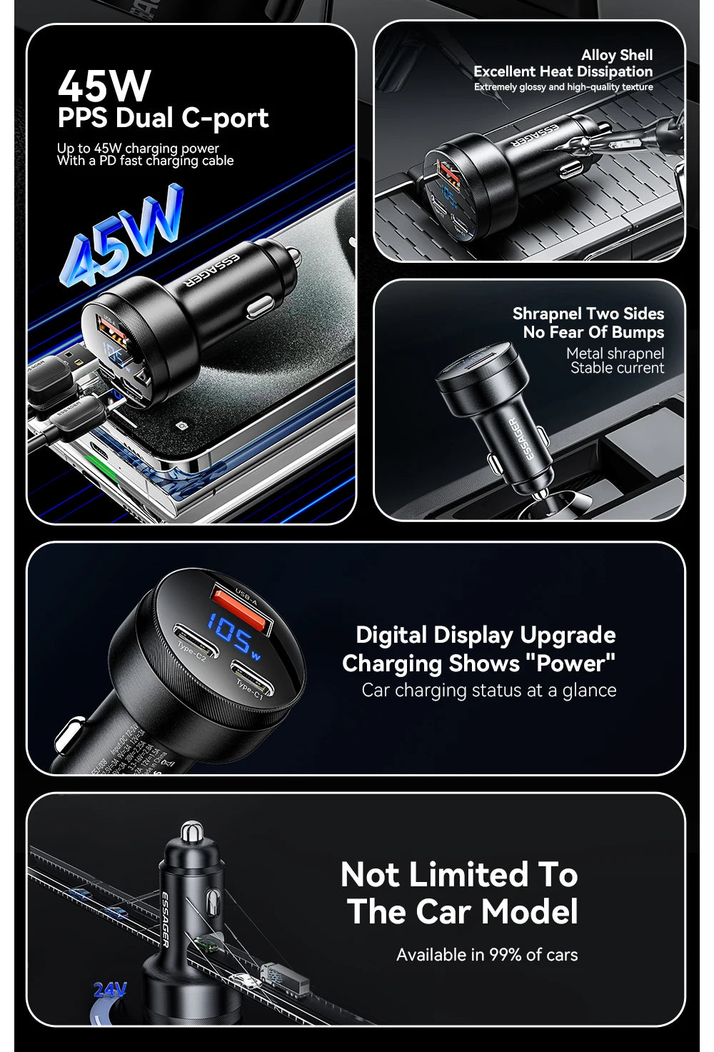 105W Fast Car Charger – 3-Port USB-C QC4.0 QC3.0 Quick Charge for iPhone & Android